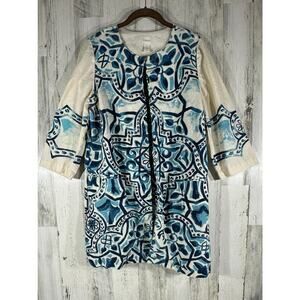 Chicos‎ Cardigan Size 2 or Large Beige Teal Watercolor Abstract 100% Linen READ